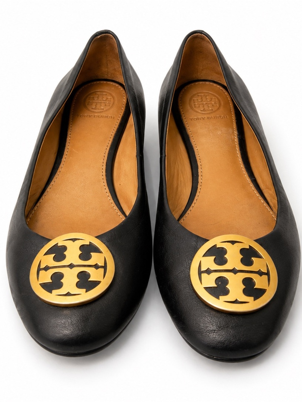 Tory Burch Black Leather Ballet Flats Comfort Shoes Gold Logo Size 7